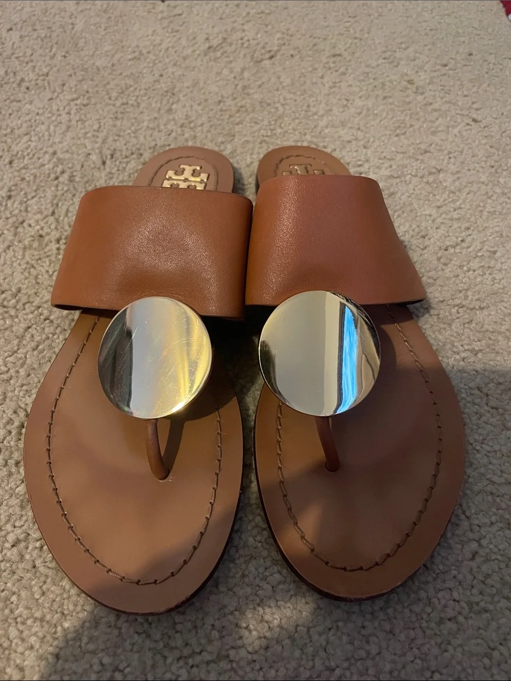 Tory Burch Brown Leather Slide Sandals with Gold Medallions